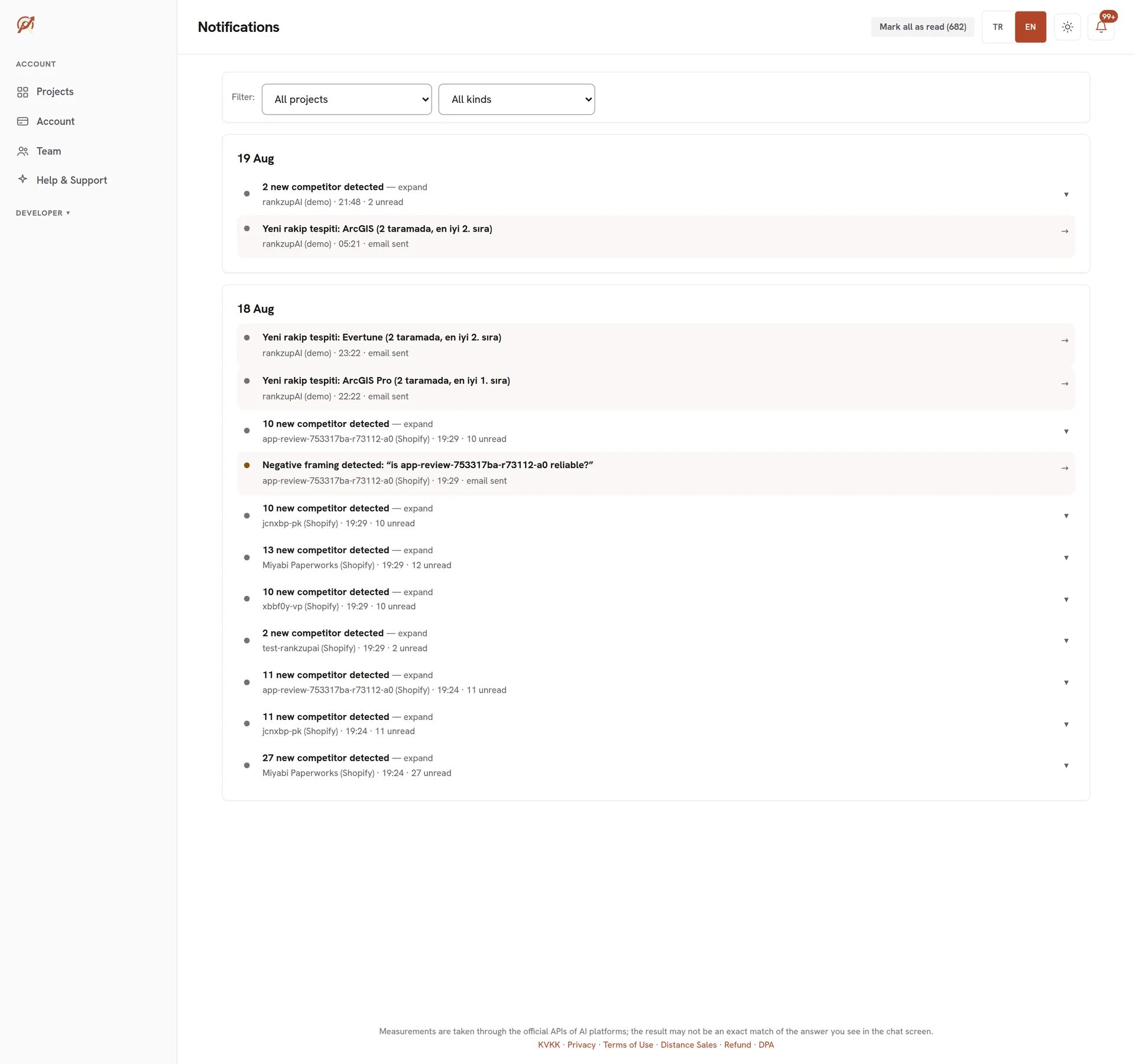 Alert center: score and competitor change notifications