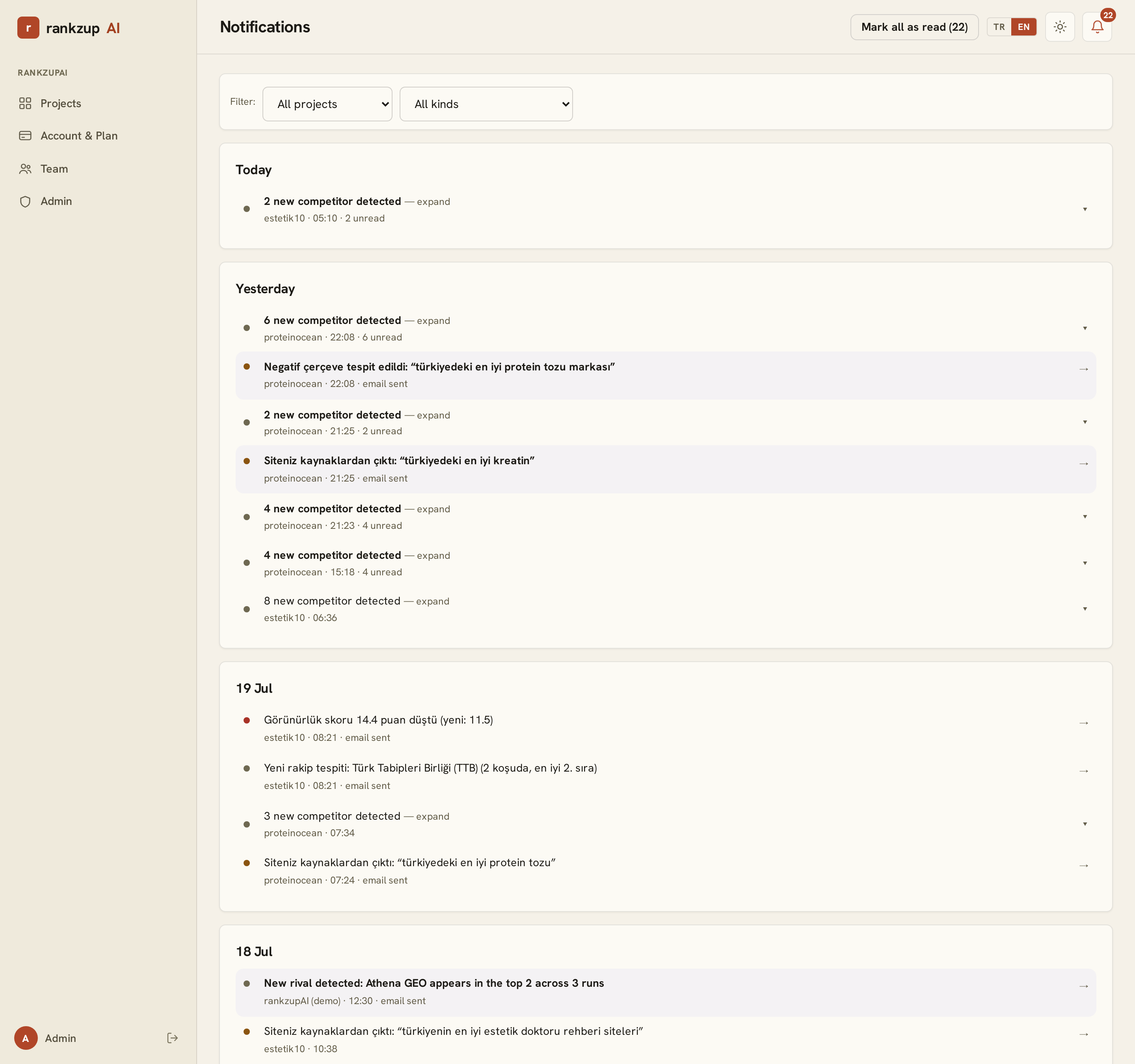 Alert center: score and competitor change notifications