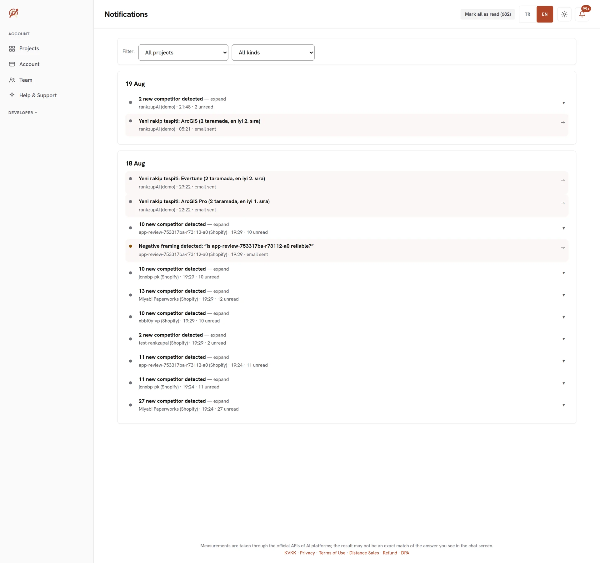 Alert center: score and competitor change notifications