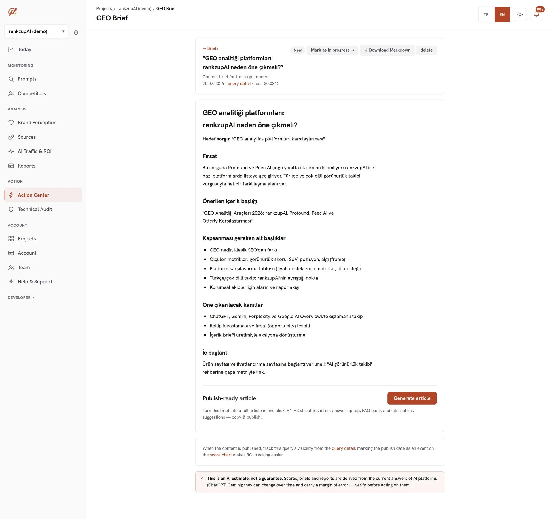GEO Brief output: content recommendation to win the question