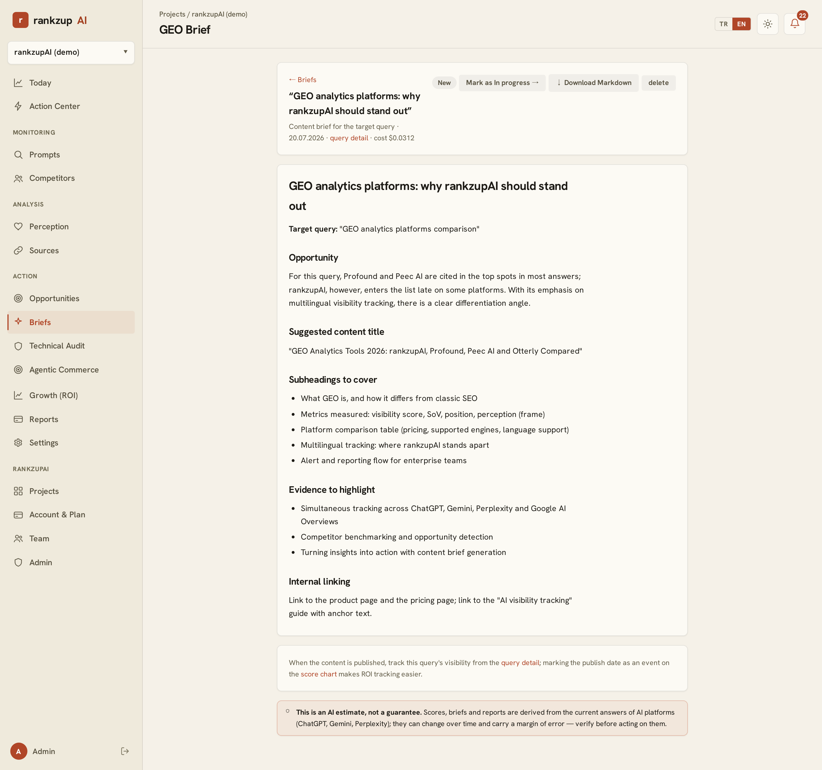 GEO Brief output: content recommendation to win the question