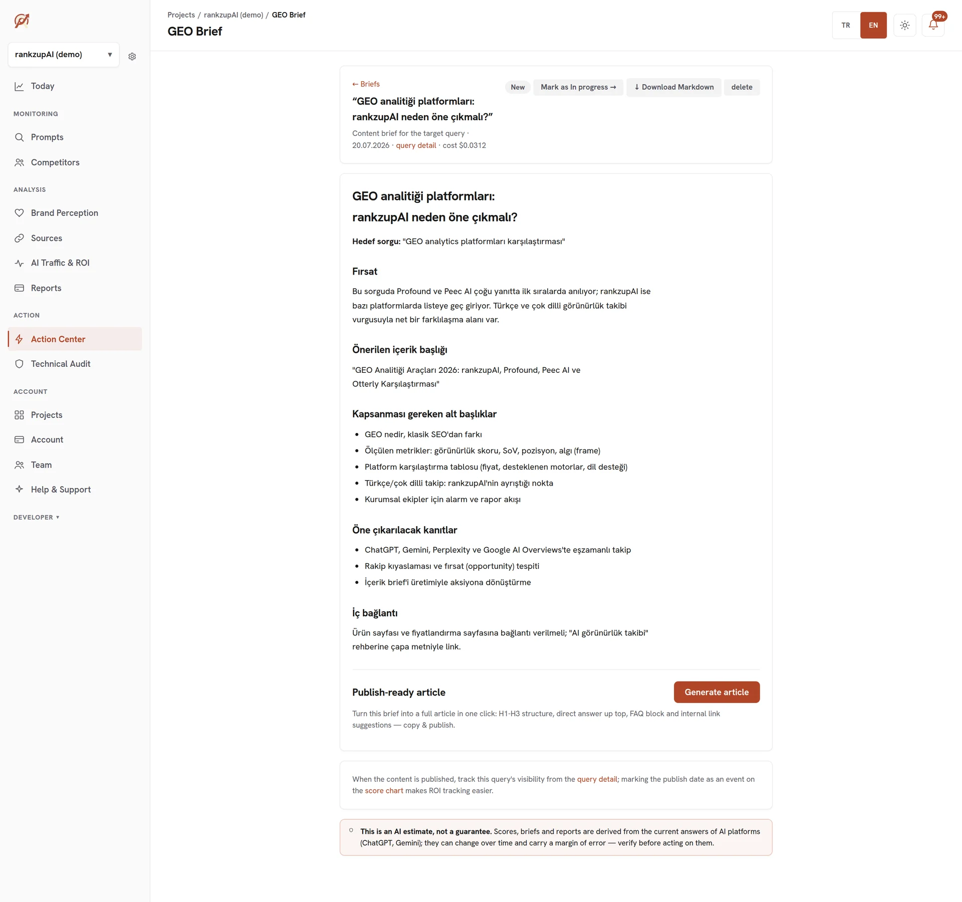 GEO Brief output: content recommendation to win the question